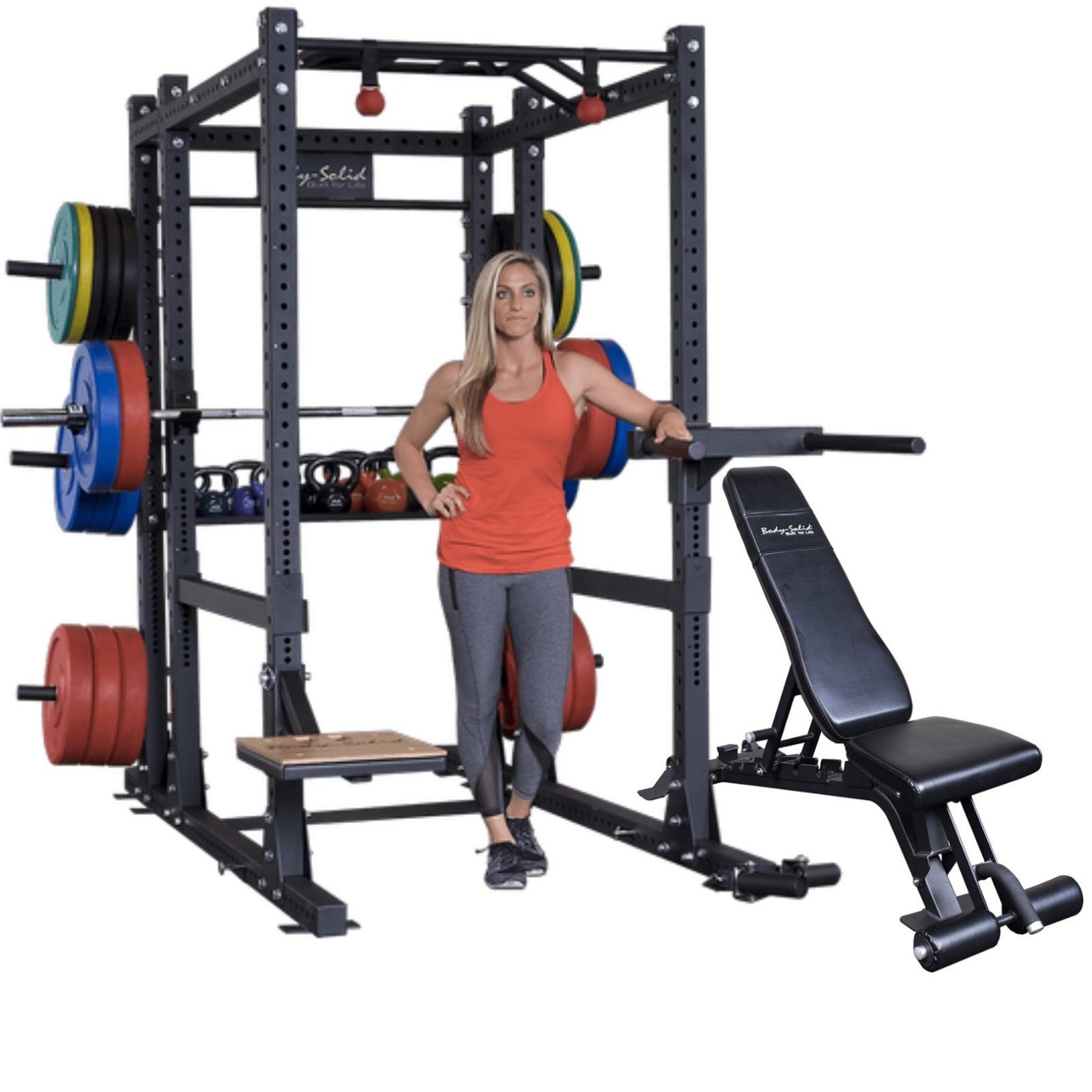 Body-Solid Extended Power Cage Squat Rack Gym Package w/ Bench