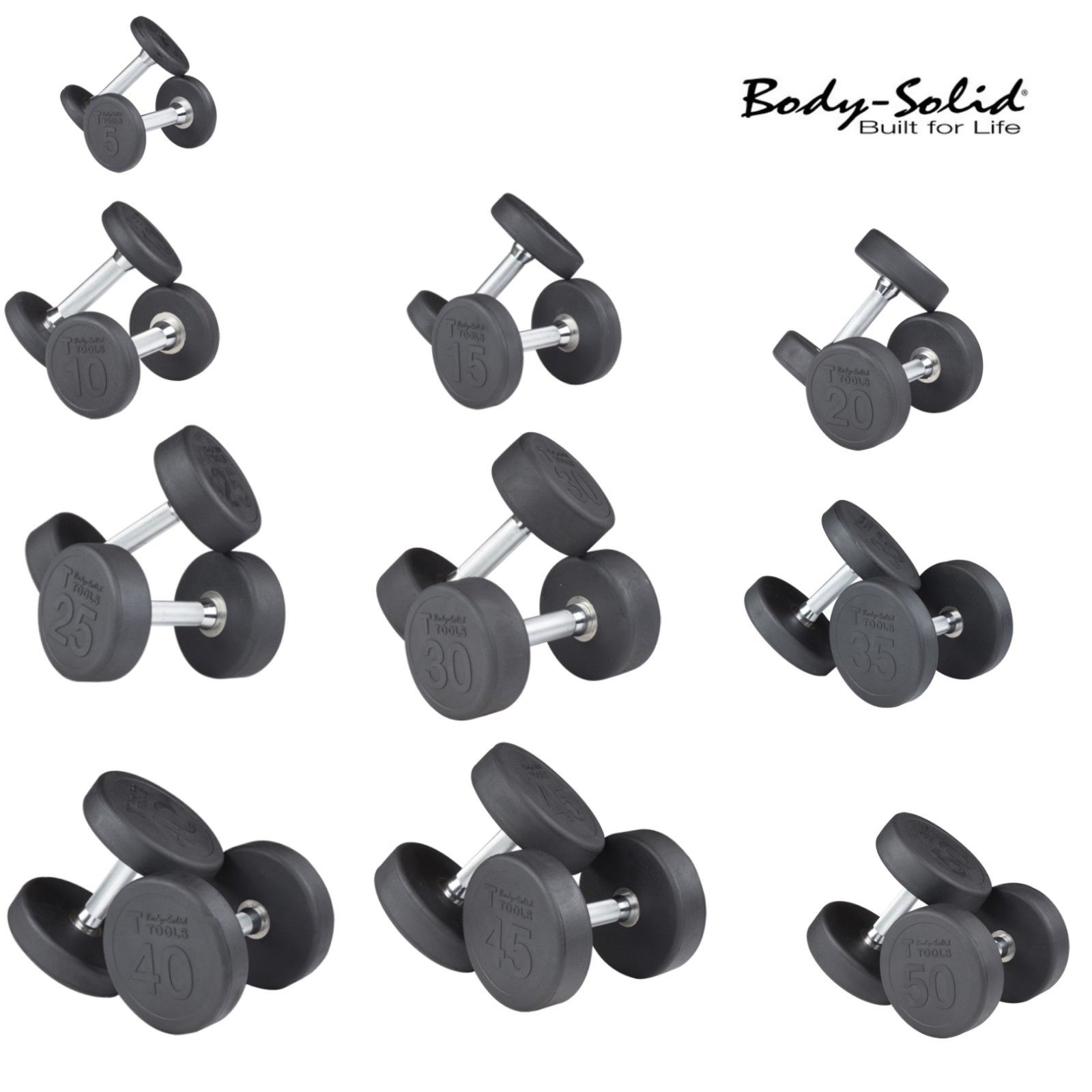 Rubber Round Dumbbells 5 lb to 100 lb Body-Solid Weights SDP Sold as SINGLES