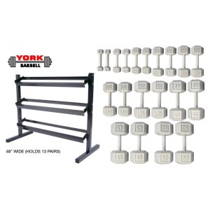 York 5-50lb Cast Iron Hex Dumbbells With Deluxe 3 Tier Rack (New)