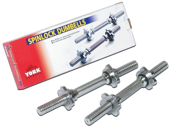 York 14″ Solid Steel Spinlock Dumbbell Handles w/ Collars (New)