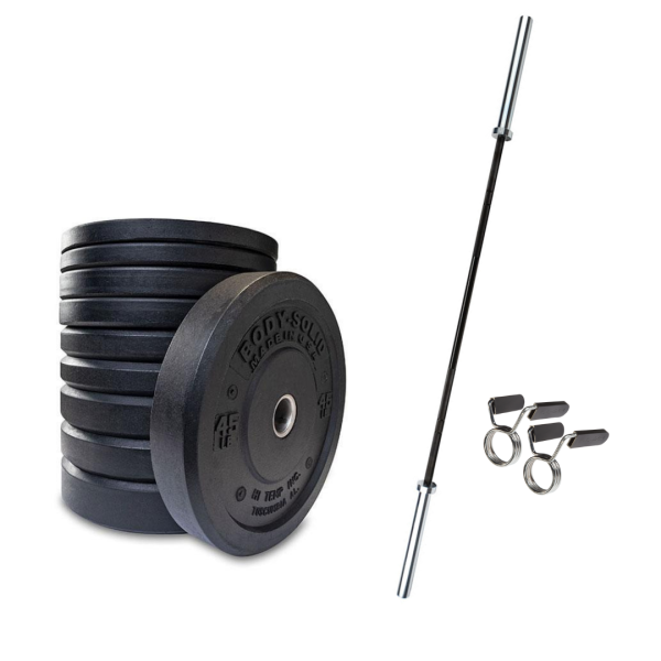 Body-Solid Full Commercial Premium Bumper plates OBPH w/ Olympic Bar Set (New)