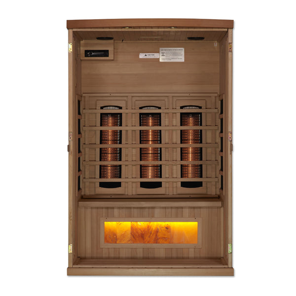 Golden Designs 2-Person Full Spectrum PureTech™ Near Zero EMF FAR Infrared Sauna with Himalayan Salt Bar - Canadian Hemlock (New)