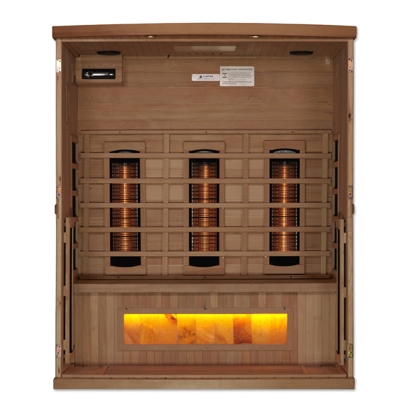 Golden Designs 3-Person Full Spectrum PureTech™ Near Zero EMF FAR Infrared Sauna with Himalayan Salt Bar - Canadian Hemlock (New)
